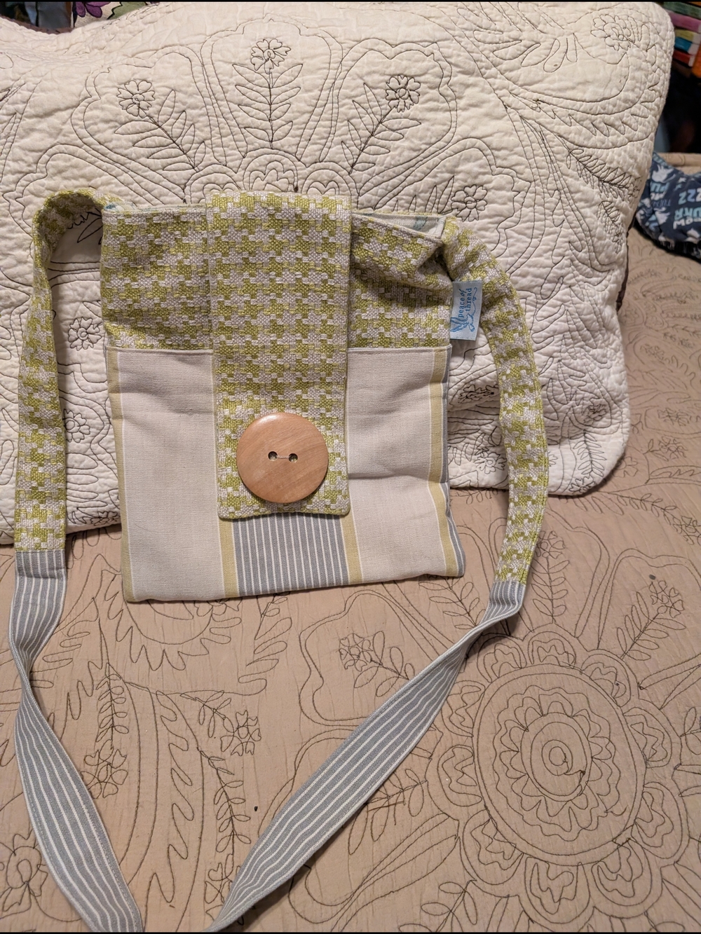 Peace Of Thread Handmade Crossbody Bag in Lime Green Houndstooth & Cream